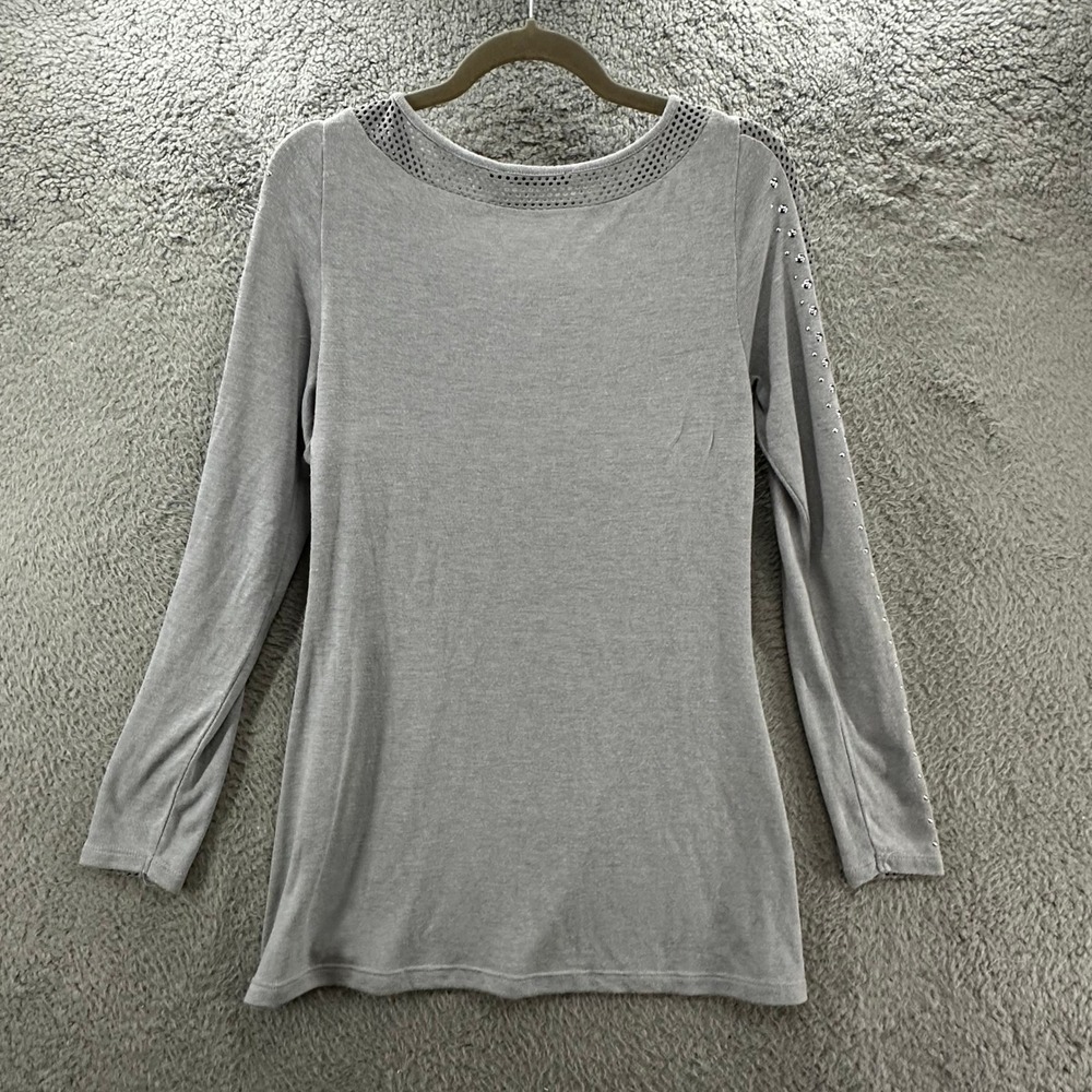 Belldini Womens Gray Mesh Studded Long Sleeve Knit Top Tunic Size Medium